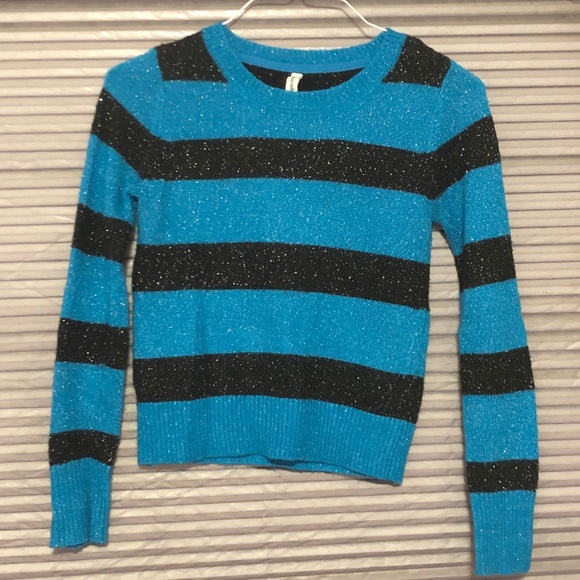 Cool Aeropostale Blue black Stripe Sparkle knit Sweater Long sleeves shimmer top - Picture 8 of 13